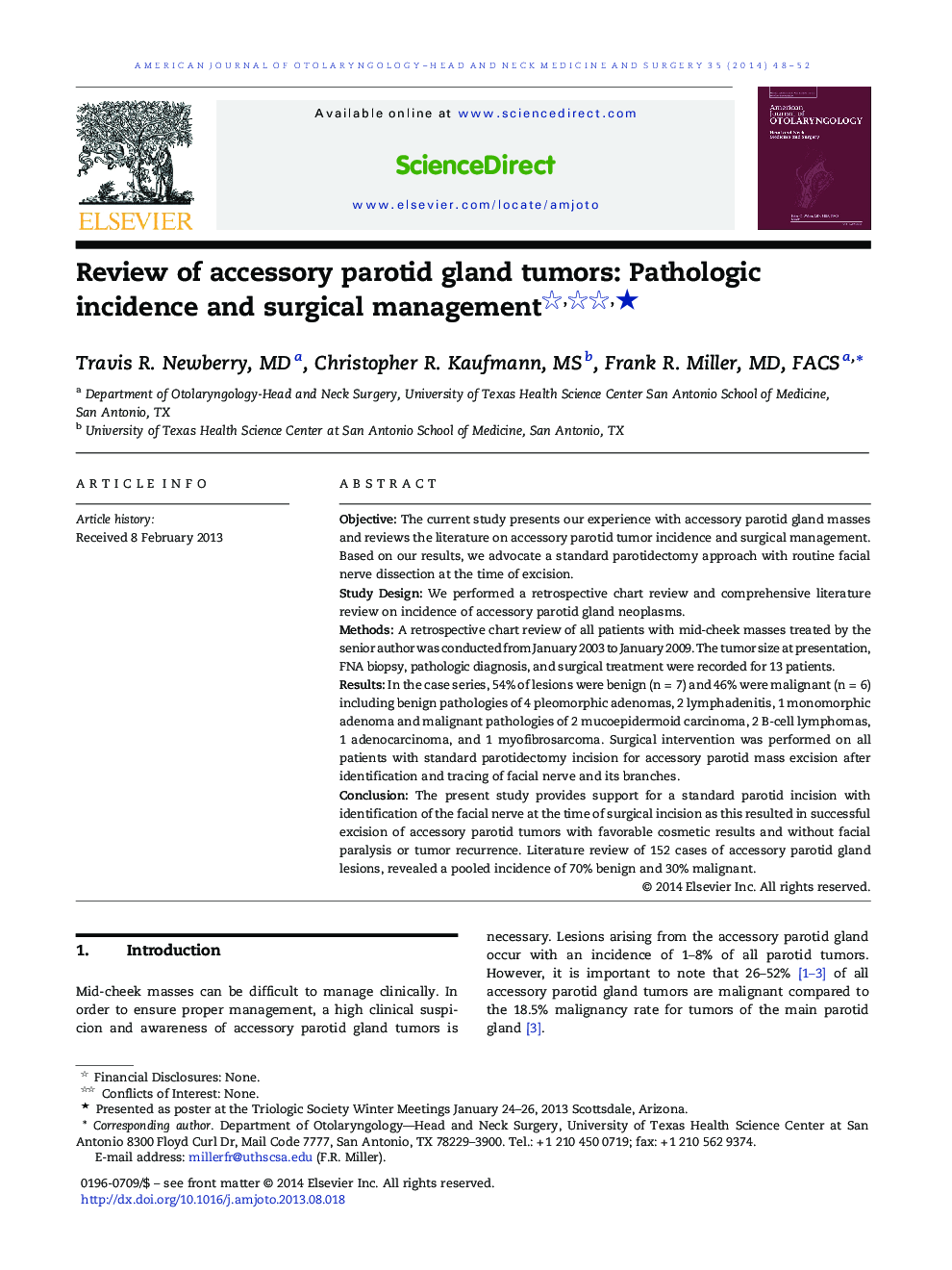 Review of accessory parotid gland tumors: Pathologic incidence and surgical management ★