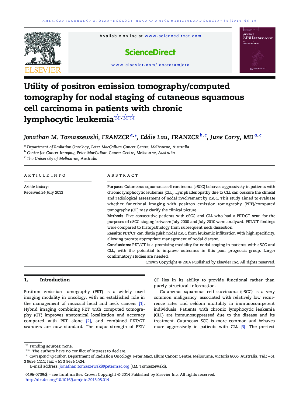 Utility of positron emission tomography/computed tomography for nodal staging of cutaneous squamous cell carcinoma in patients with chronic lymphocytic leukemia 