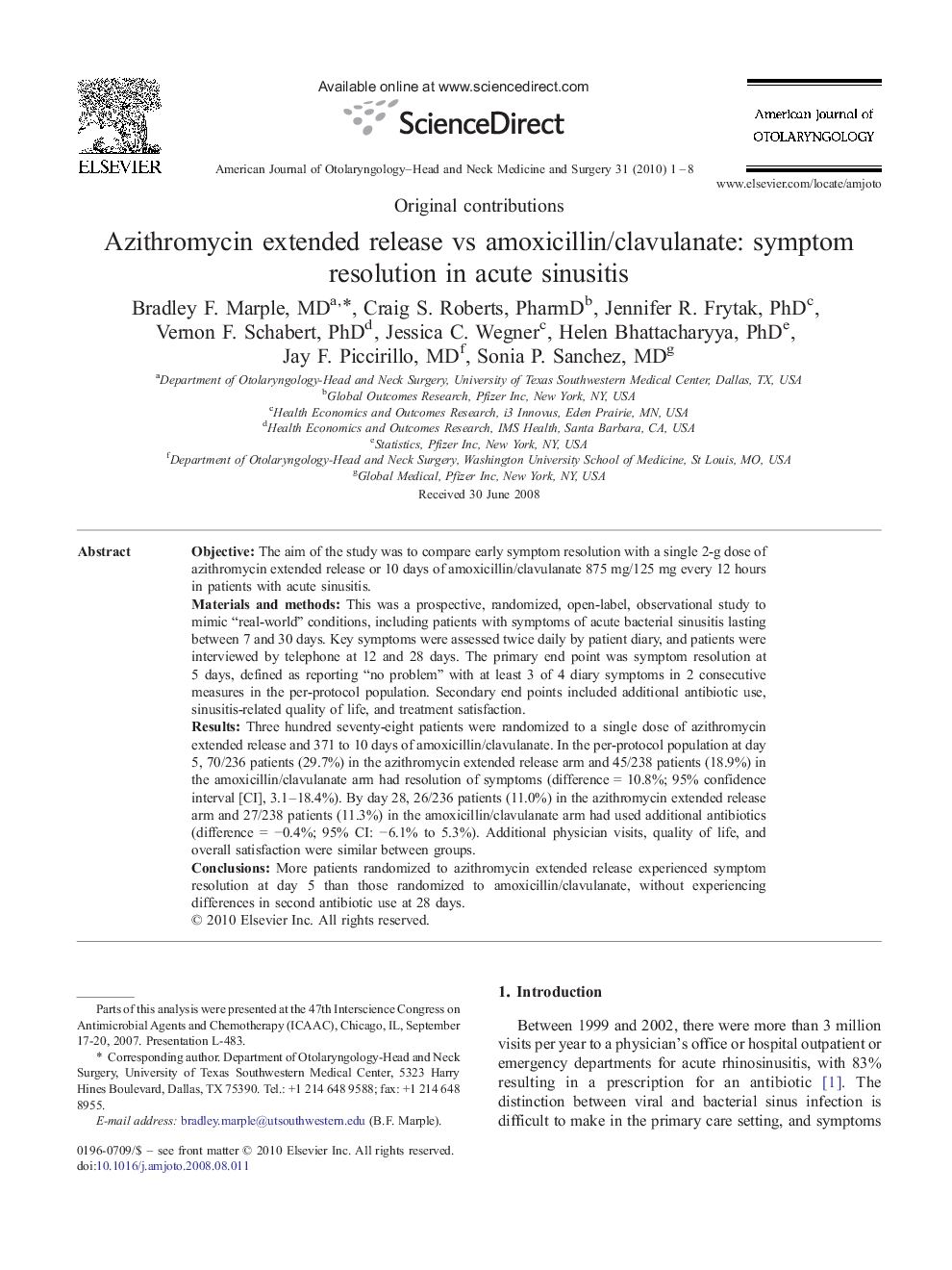 Azithromycin extended release vs amoxicillin/clavulanate: symptom resolution in acute sinusitis 