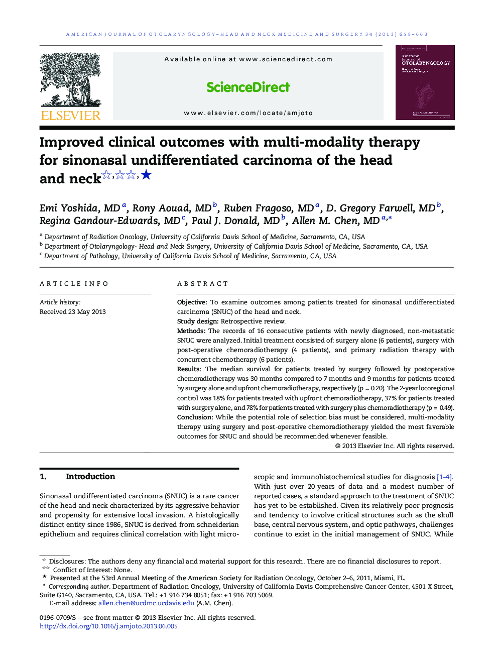 Improved clinical outcomes with multi-modality therapy for sinonasal undifferentiated carcinoma of the head and neck ★