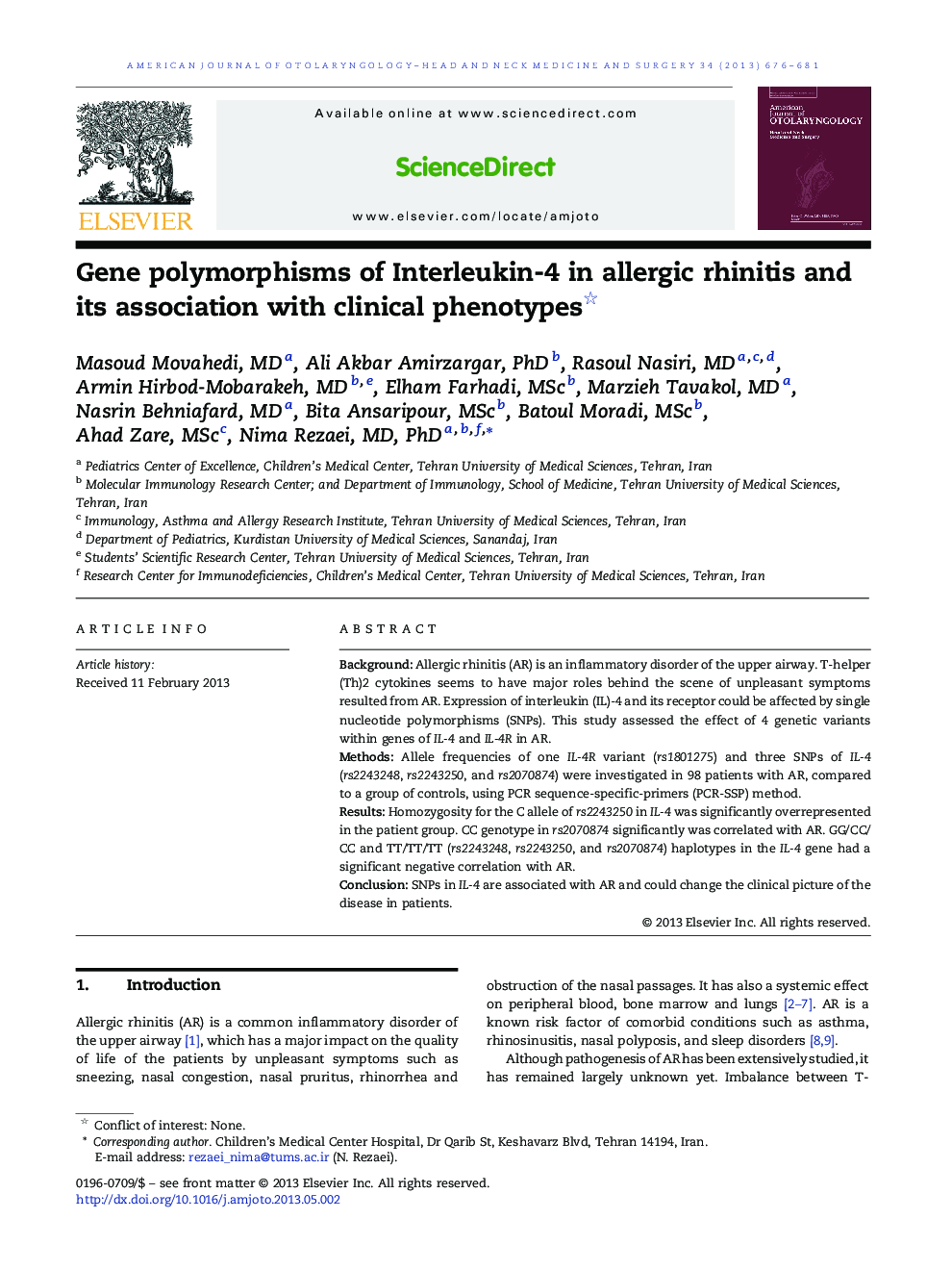 Gene polymorphisms of Interleukin-4 in allergic rhinitis and its association with clinical phenotypes 