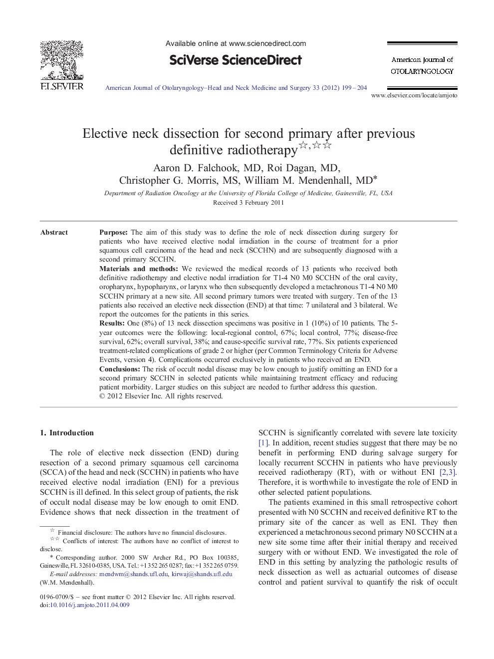 Elective neck dissection for second primary after previous definitive radiotherapy 