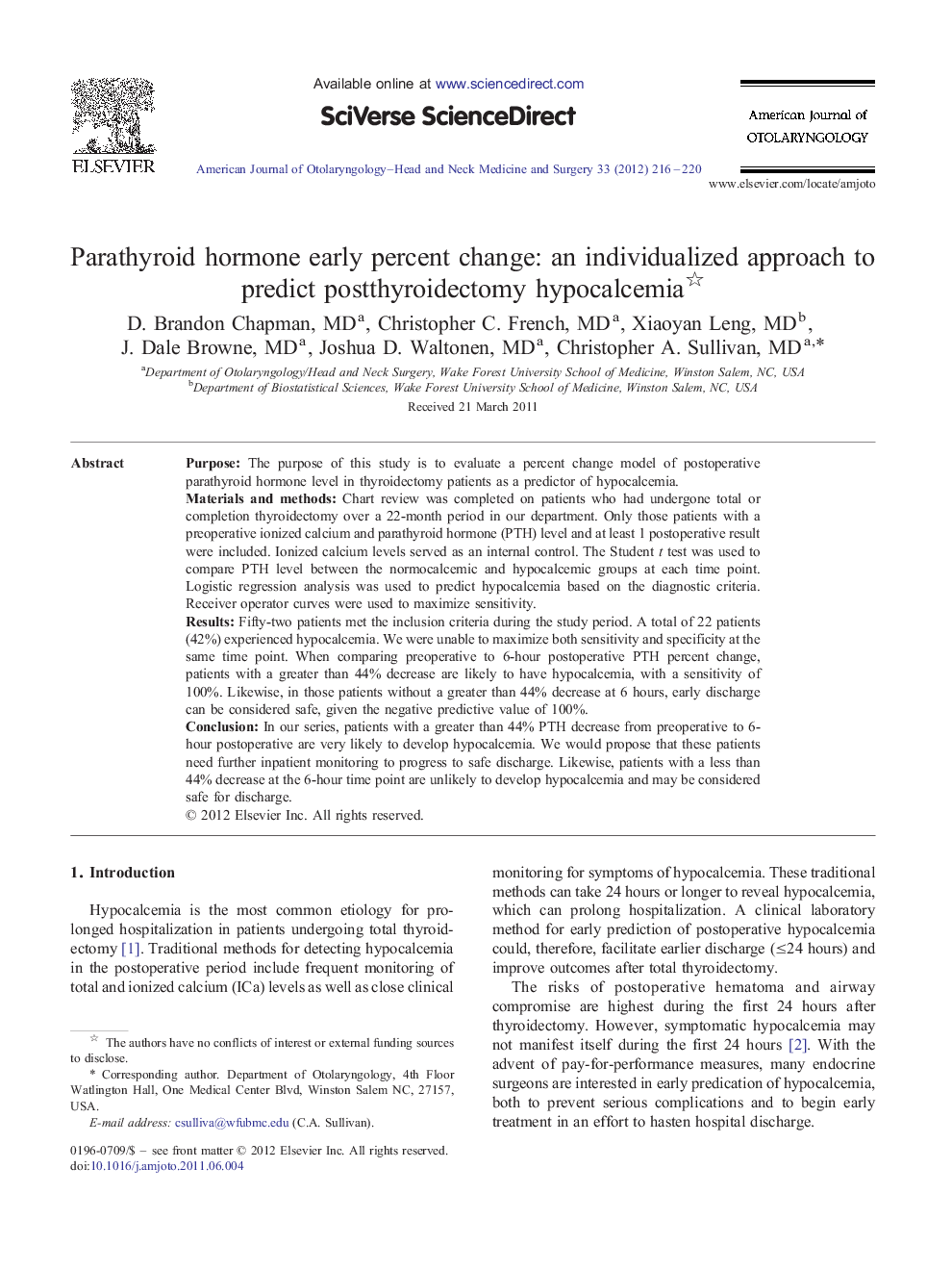 Parathyroid hormone early percent change: an individualized approach to predict postthyroidectomy hypocalcemia 