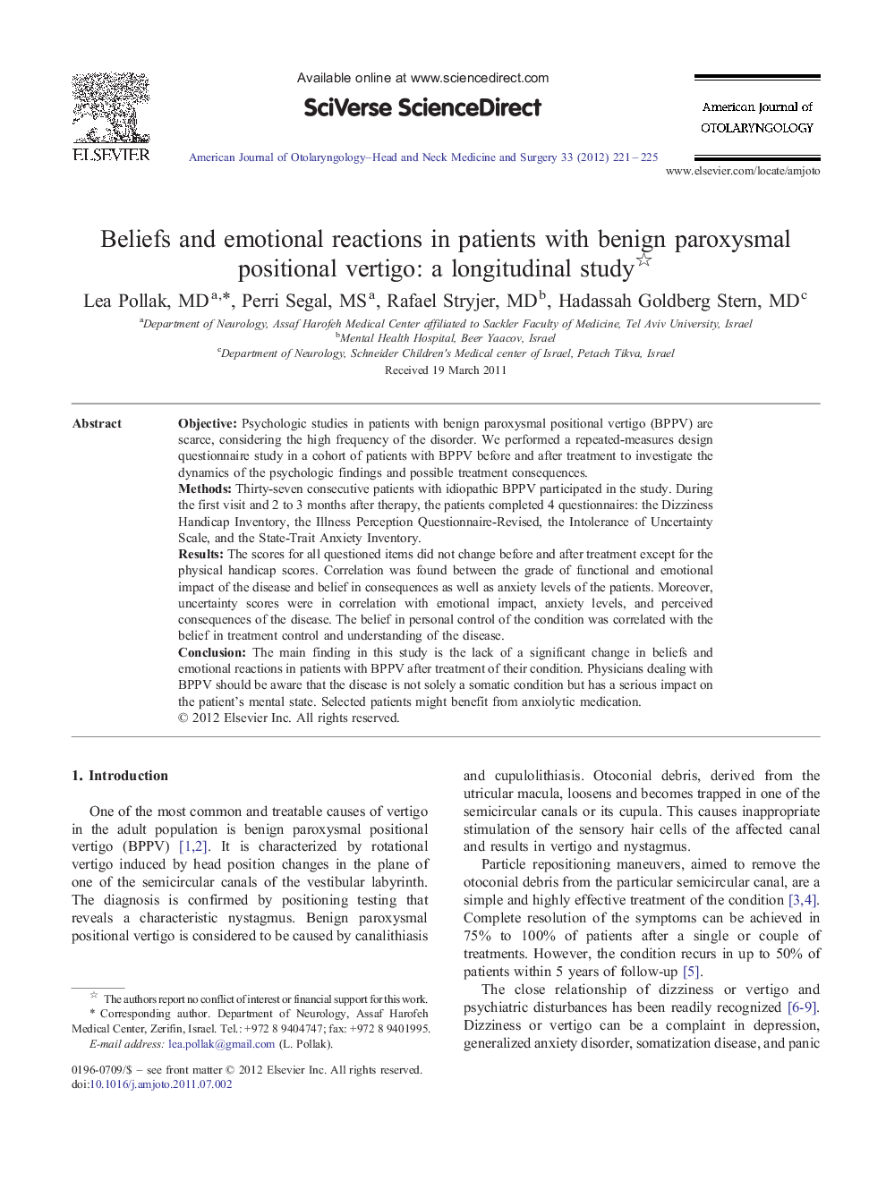 Beliefs and emotional reactions in patients with benign paroxysmal positional vertigo: a longitudinal study 