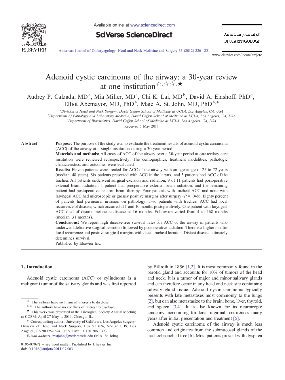 Adenoid cystic carcinoma of the airway: a 30-year review at one institution ★