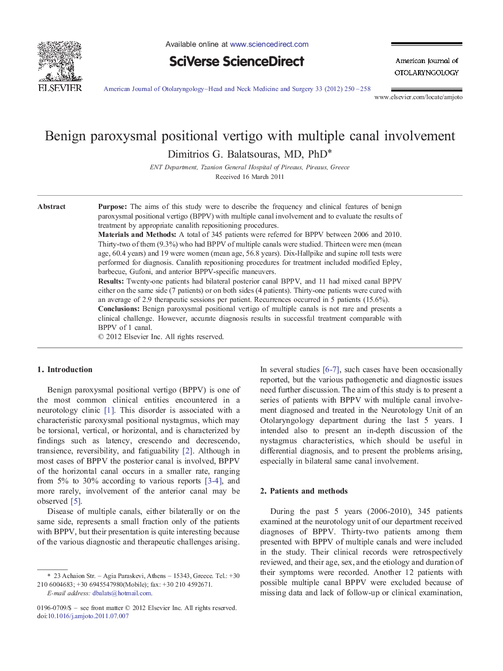 Benign paroxysmal positional vertigo with multiple canal involvement