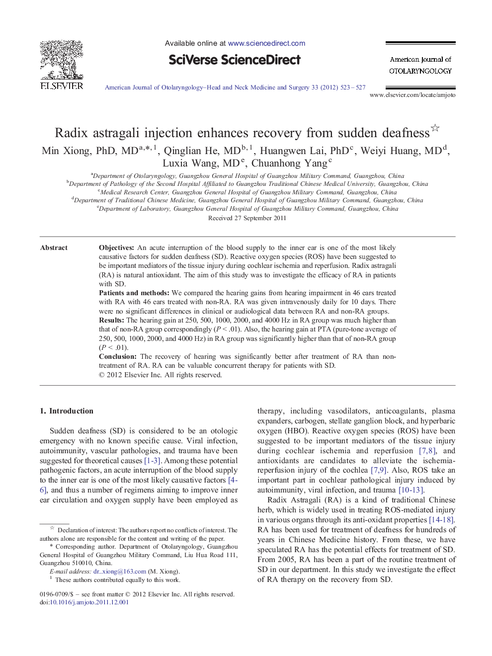 Radix astragali injection enhances recovery from sudden deafness 