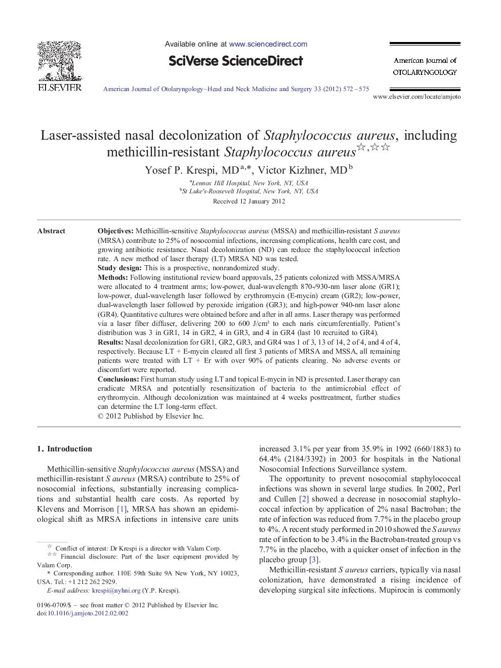 Laser-assisted nasal decolonization of Staphylococcus aureus, including methicillin-resistant Staphylococcus aureus 