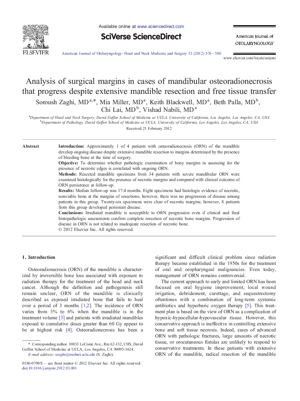 Analysis of surgical margins in cases of mandibular osteoradionecrosis that progress despite extensive mandible resection and free tissue transfer