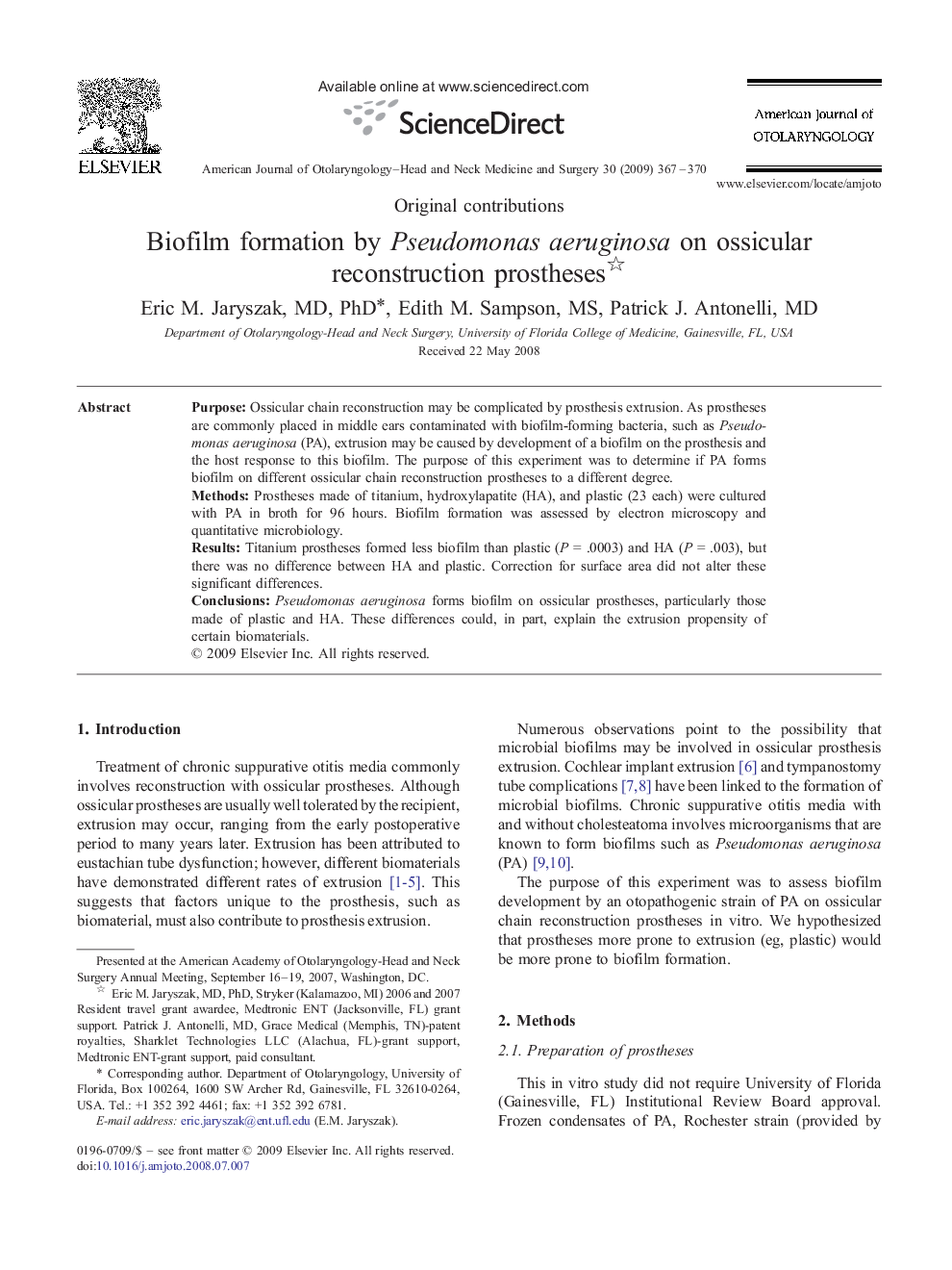 Biofilm formation by Pseudomonas aeruginosa on ossicular reconstruction prostheses
