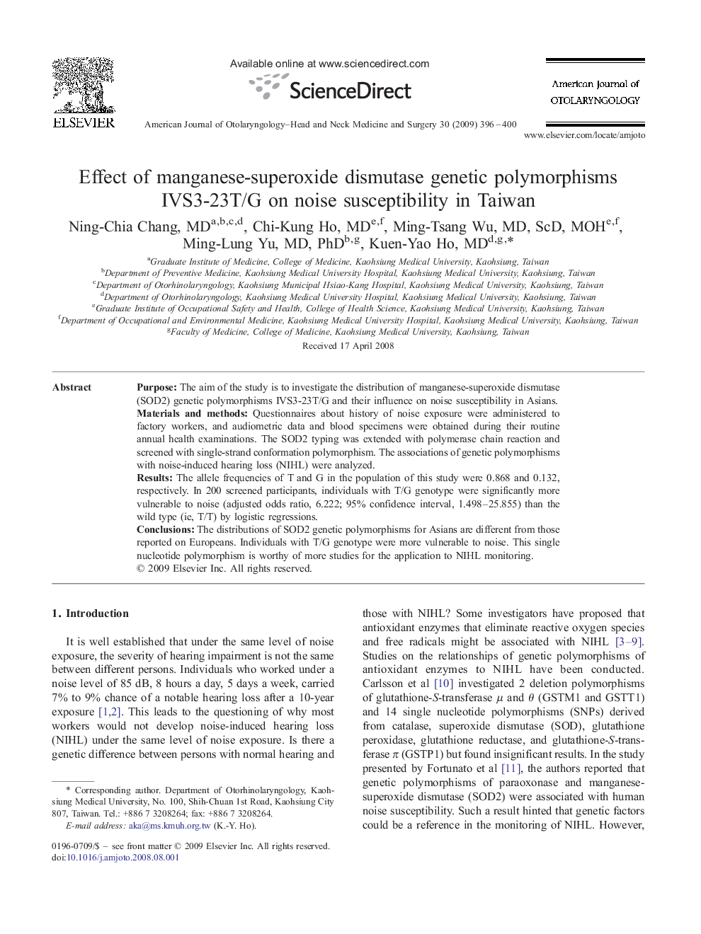 Effect of manganese-superoxide dismutase genetic polymorphisms IVS3-23T/G on noise susceptibility in Taiwan