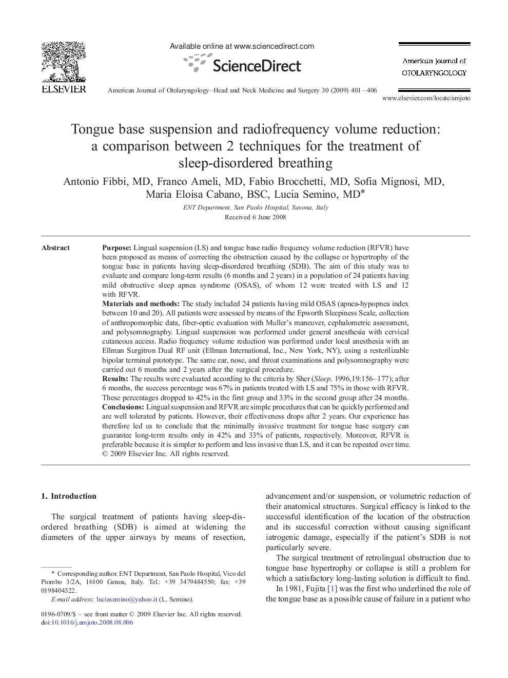 Tongue base suspension and radiofrequency volume reduction: a comparison between 2 techniques for the treatment of sleep-disordered breathing