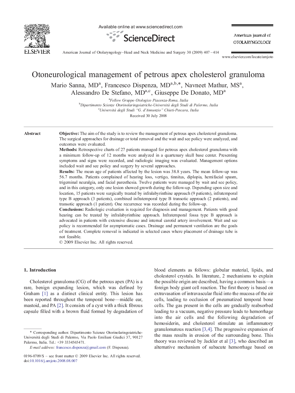 Otoneurological management of petrous apex cholesterol granuloma