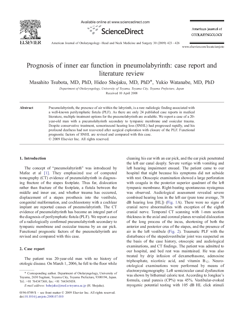 Prognosis of inner ear function in pneumolabyrinth: case report and literature review