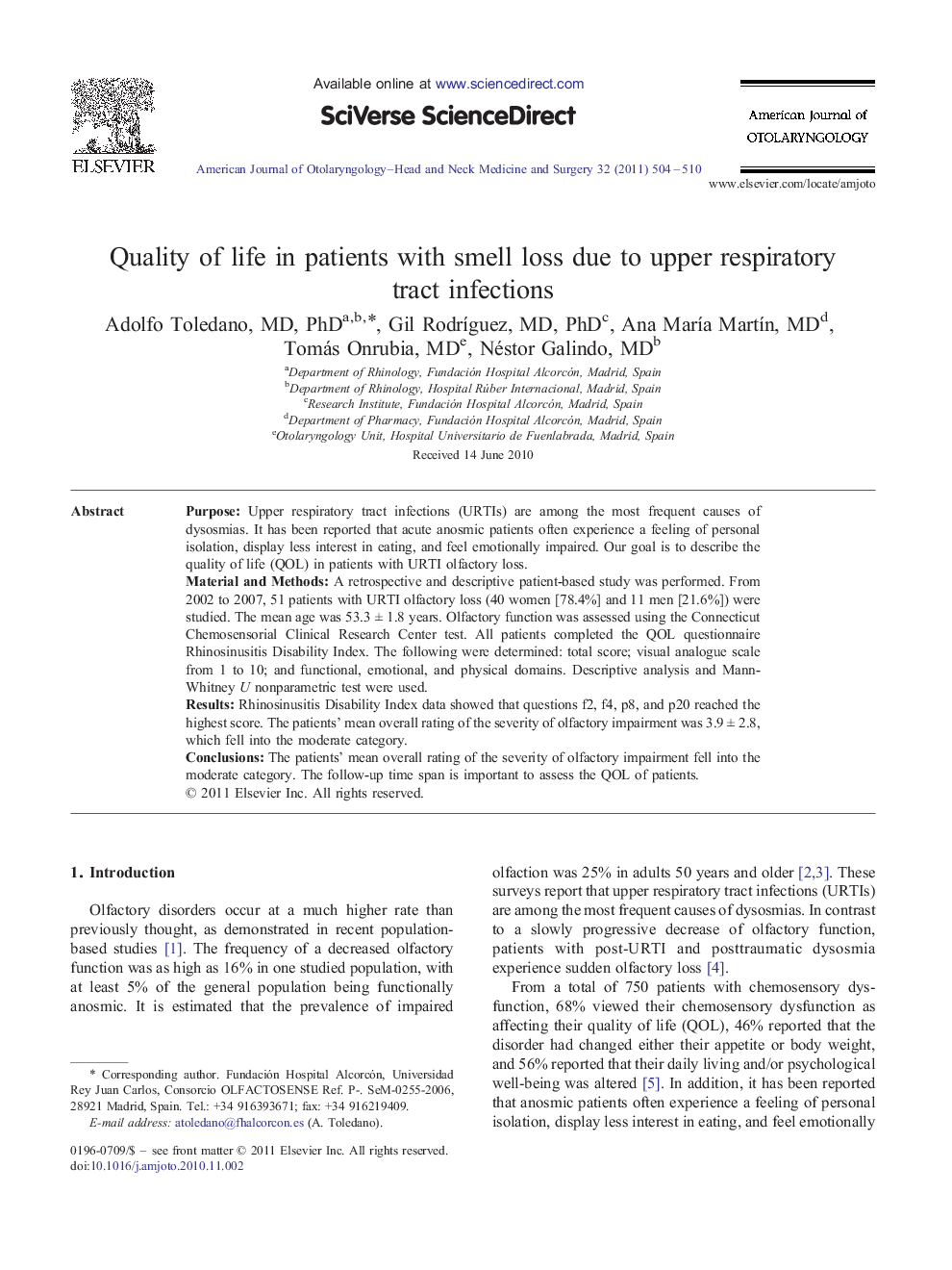 Quality of life in patients with smell loss due to upper respiratory tract infections