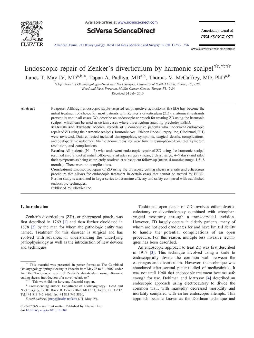 Endoscopic repair of Zenker's diverticulum by harmonic scalpel 