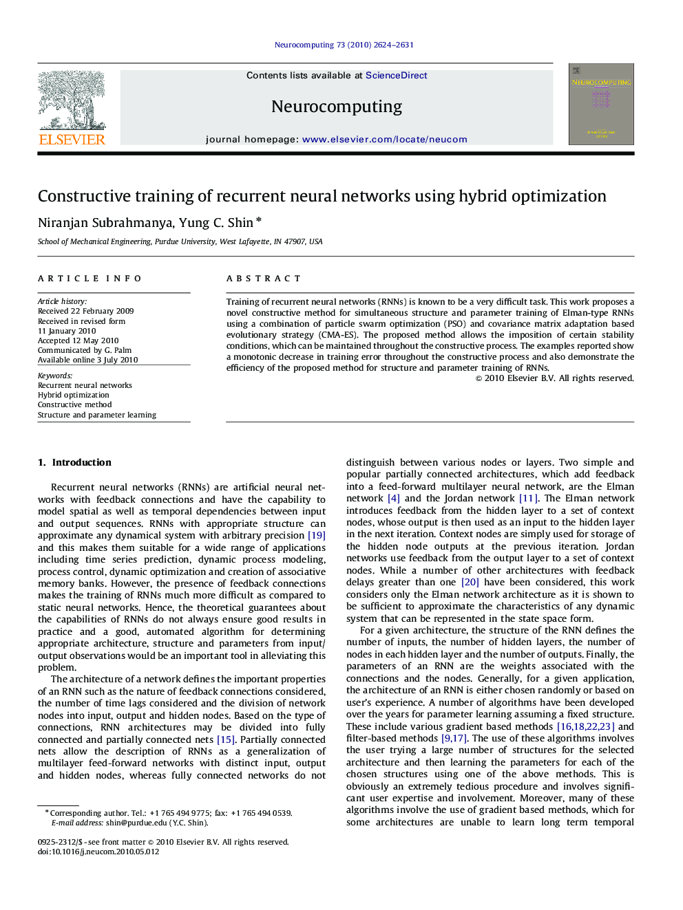 Constructive training of recurrent neural networks using hybrid optimization