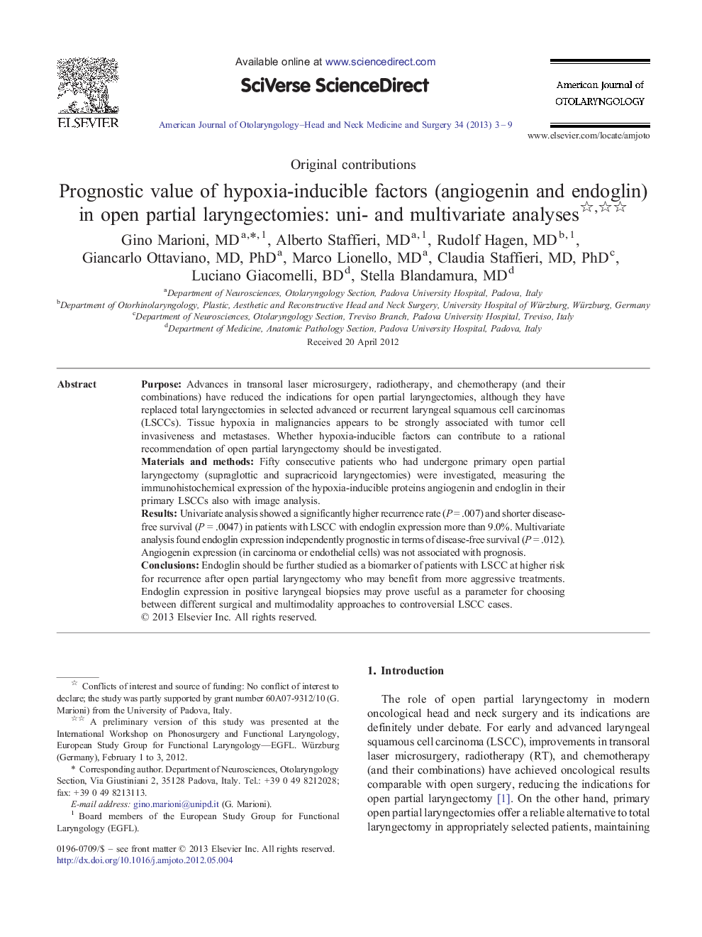 Prognostic value of hypoxia-inducible factors (angiogenin and endoglin) in open partial laryngectomies: uni- and multivariate analyses 