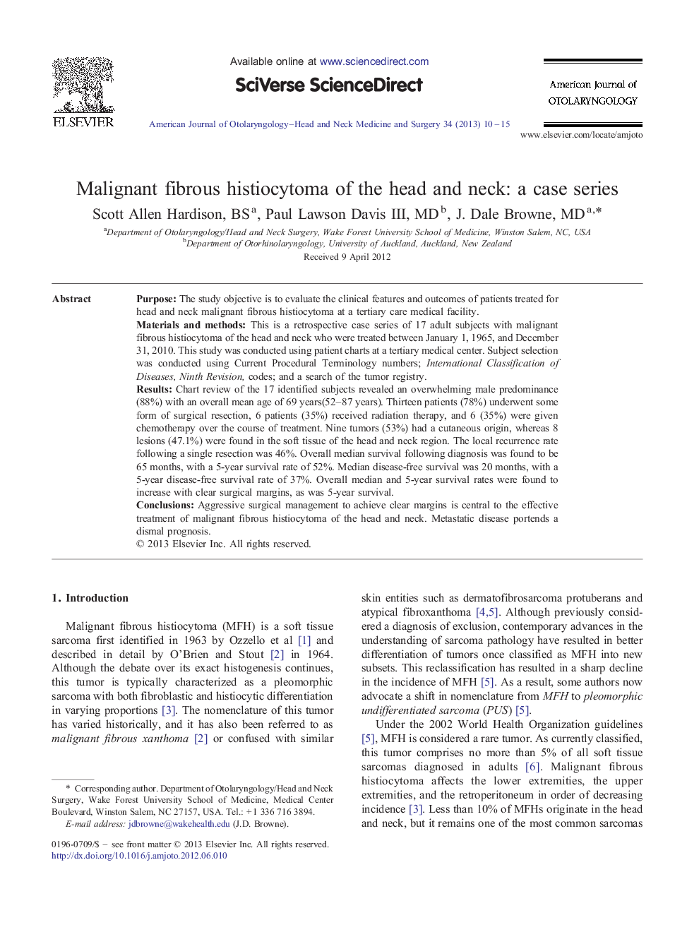 Malignant fibrous histiocytoma of the head and neck: a case series