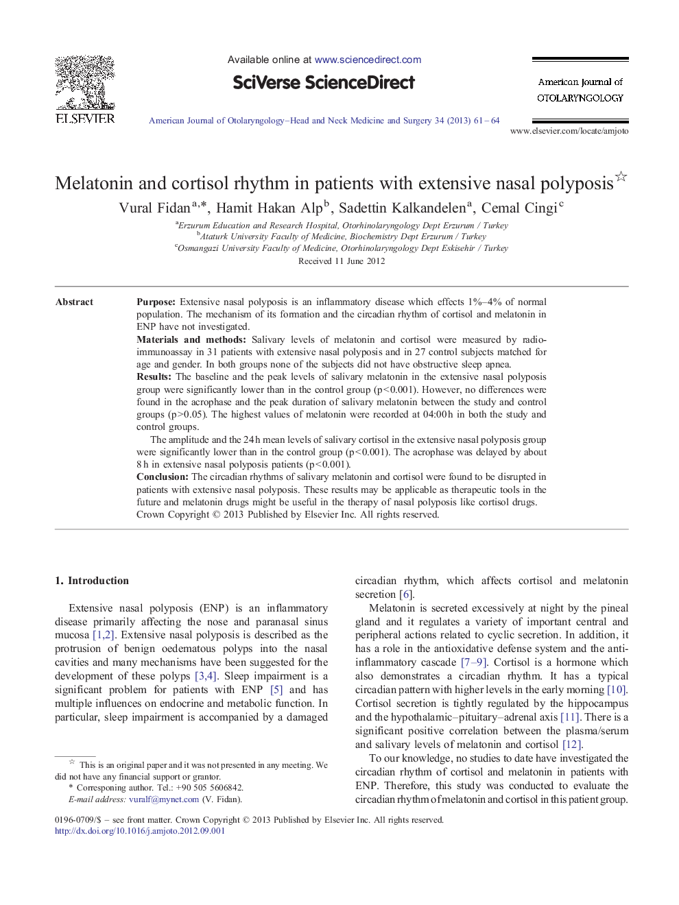 Melatonin and cortisol rhythm in patients with extensive nasal polyposis 