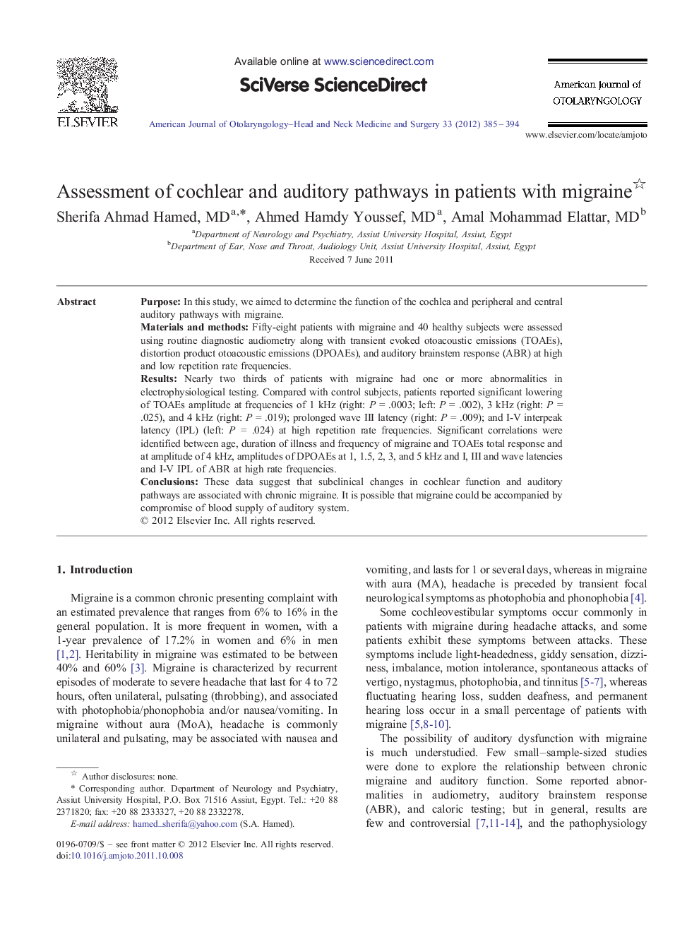 Assessment of cochlear and auditory pathways in patients with migraine 