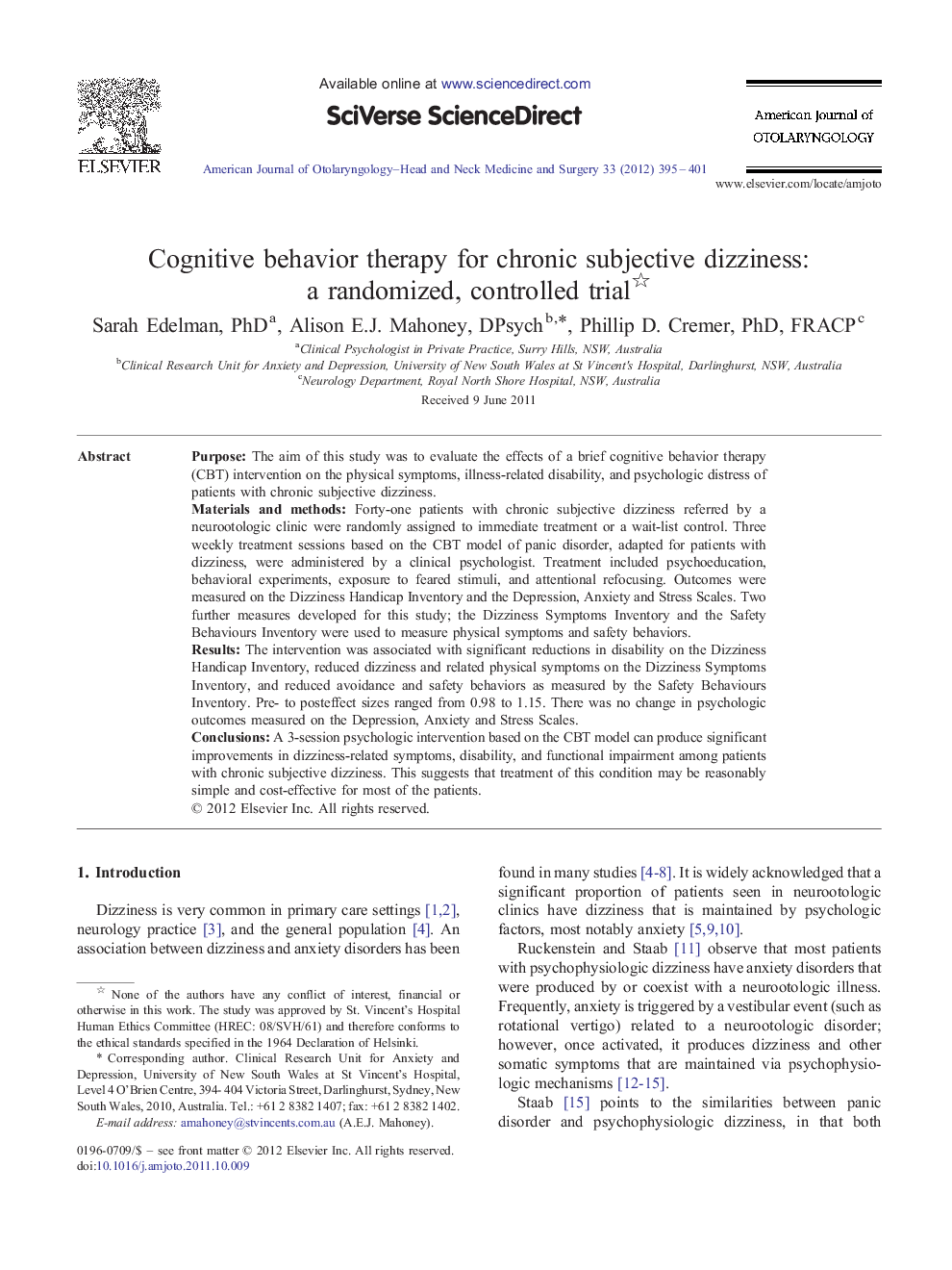 Cognitive behavior therapy for chronic subjective dizziness: a randomized, controlled trial 