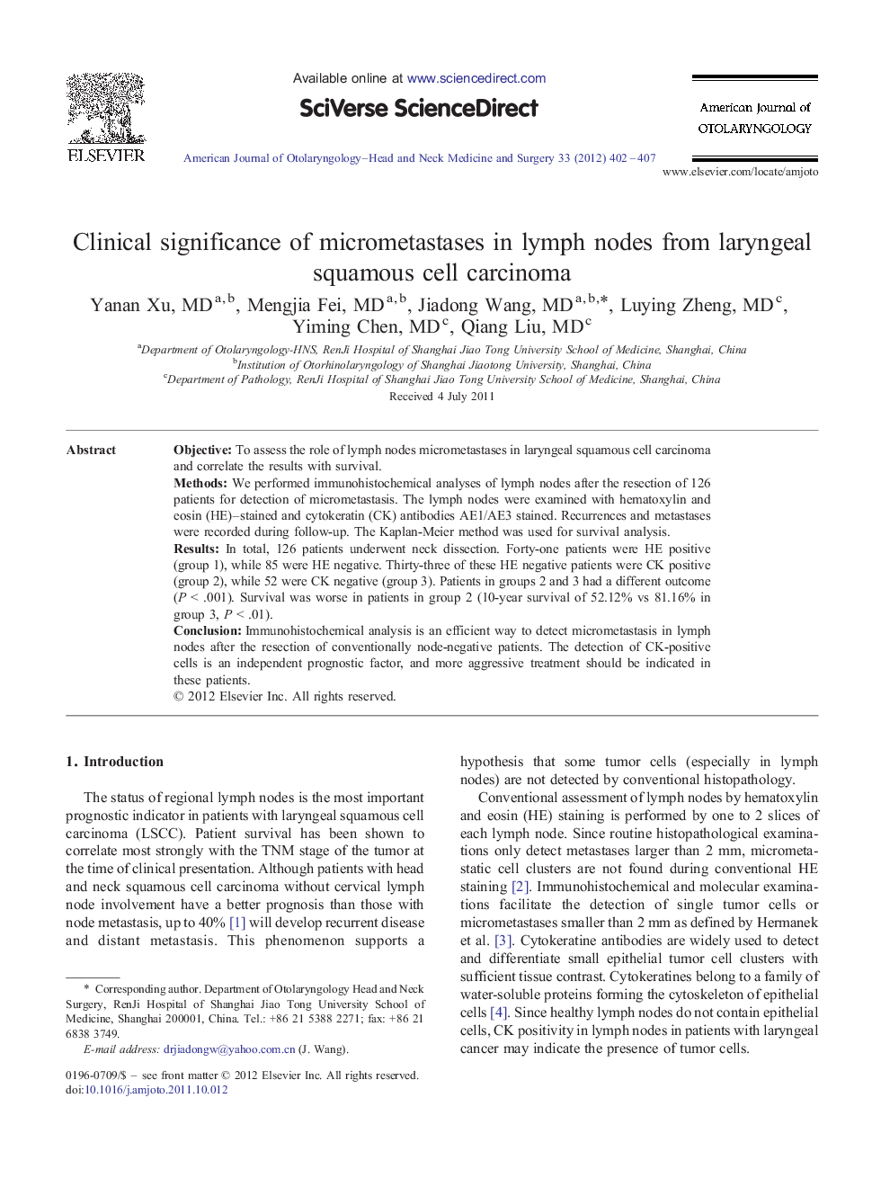 Clinical significance of micrometastases in lymph nodes from laryngeal squamous cell carcinoma