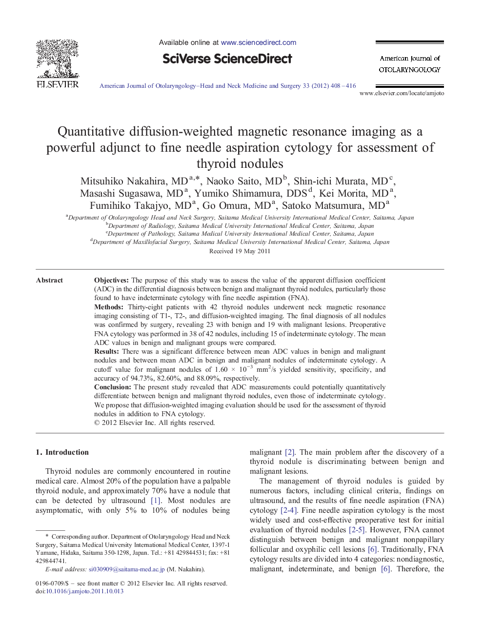 Quantitative diffusion-weighted magnetic resonance imaging as a powerful adjunct to fine needle aspiration cytology for assessment of thyroid nodules