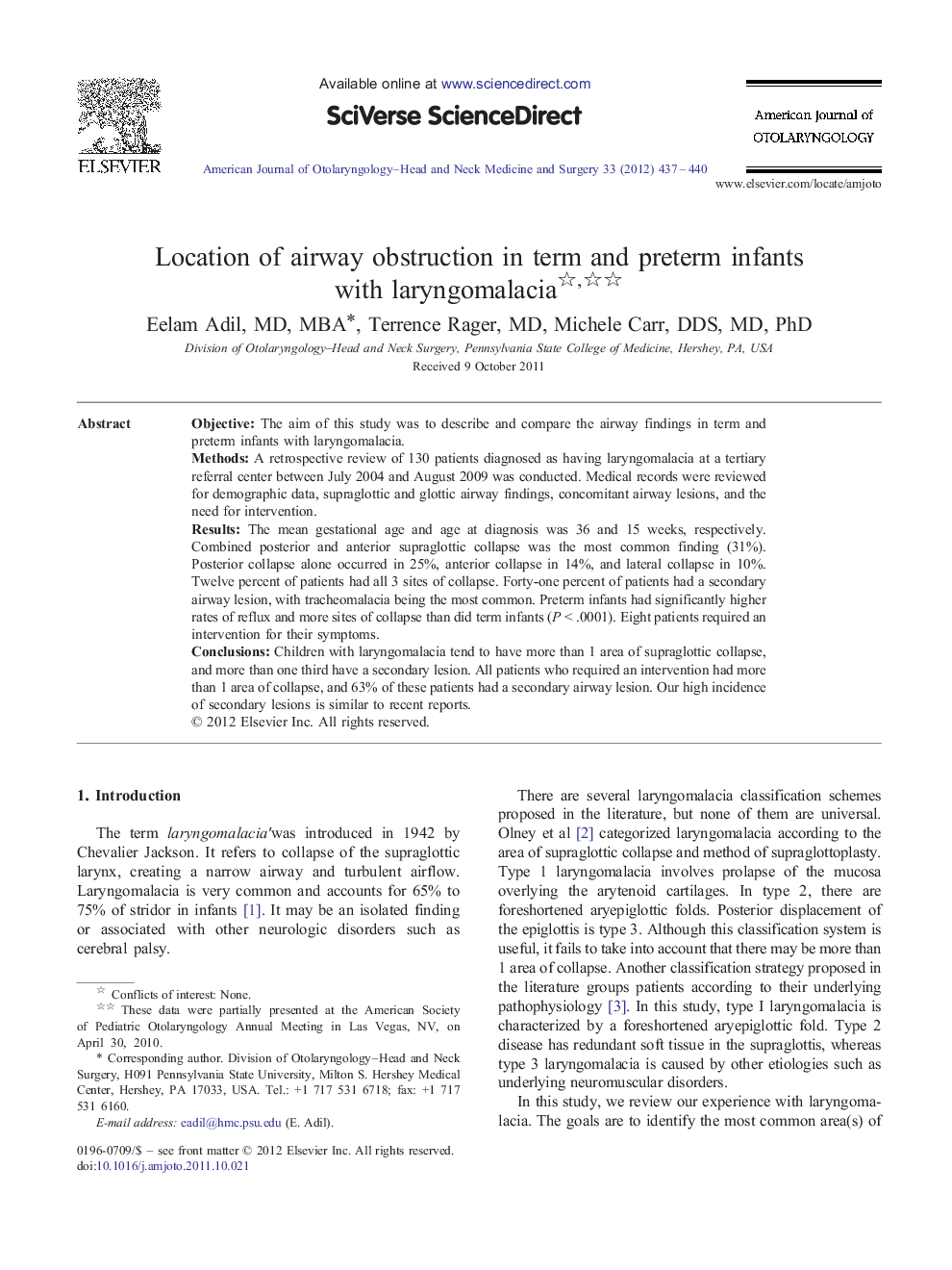 Location of airway obstruction in term and preterm infants with laryngomalacia 