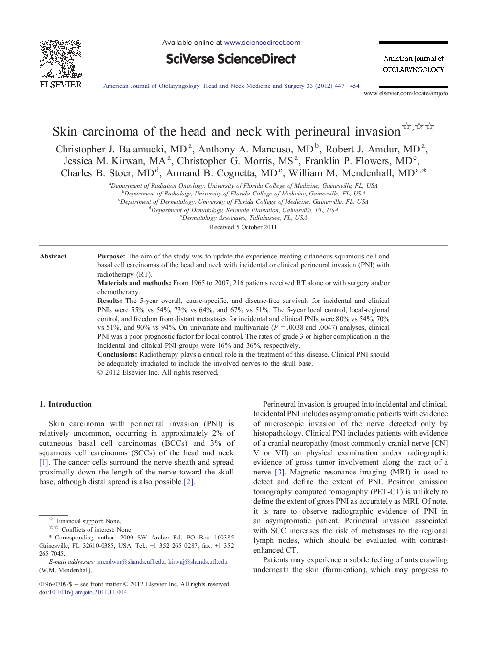 Skin carcinoma of the head and neck with perineural invasion 