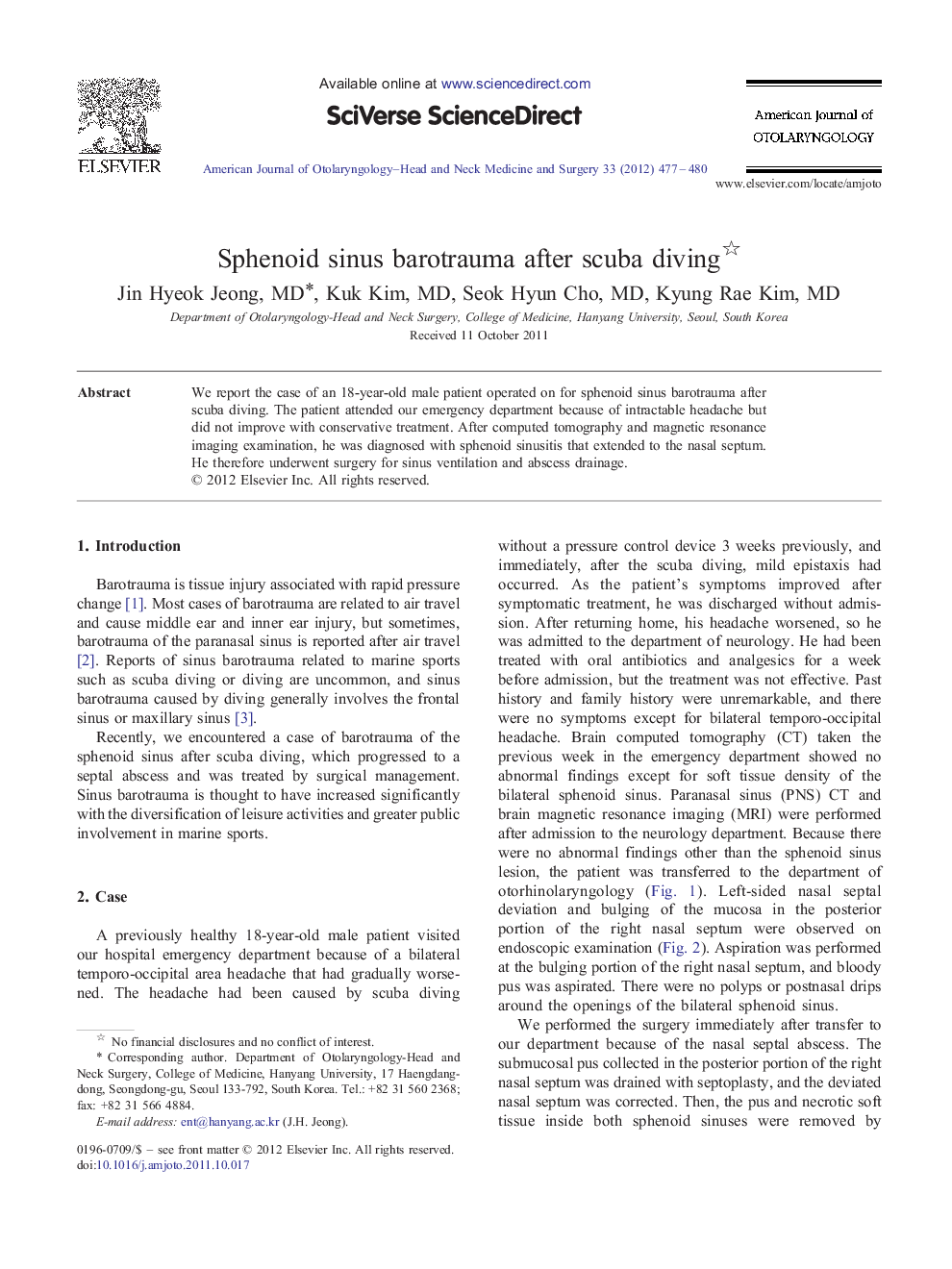 Sphenoid sinus barotrauma after scuba diving 