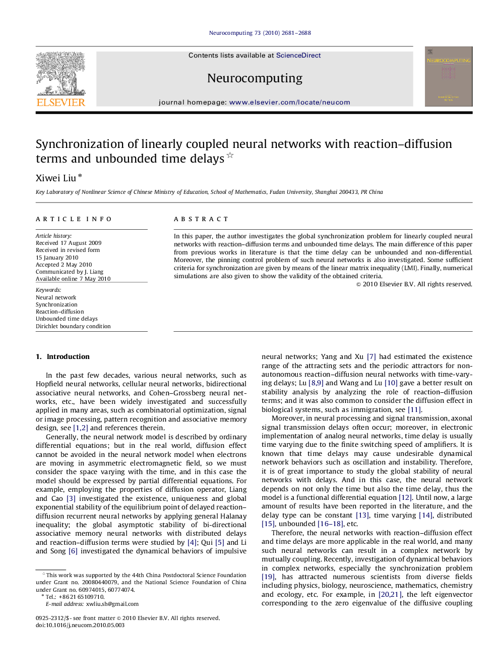 Synchronization of linearly coupled neural networks with reaction–diffusion terms and unbounded time delays 