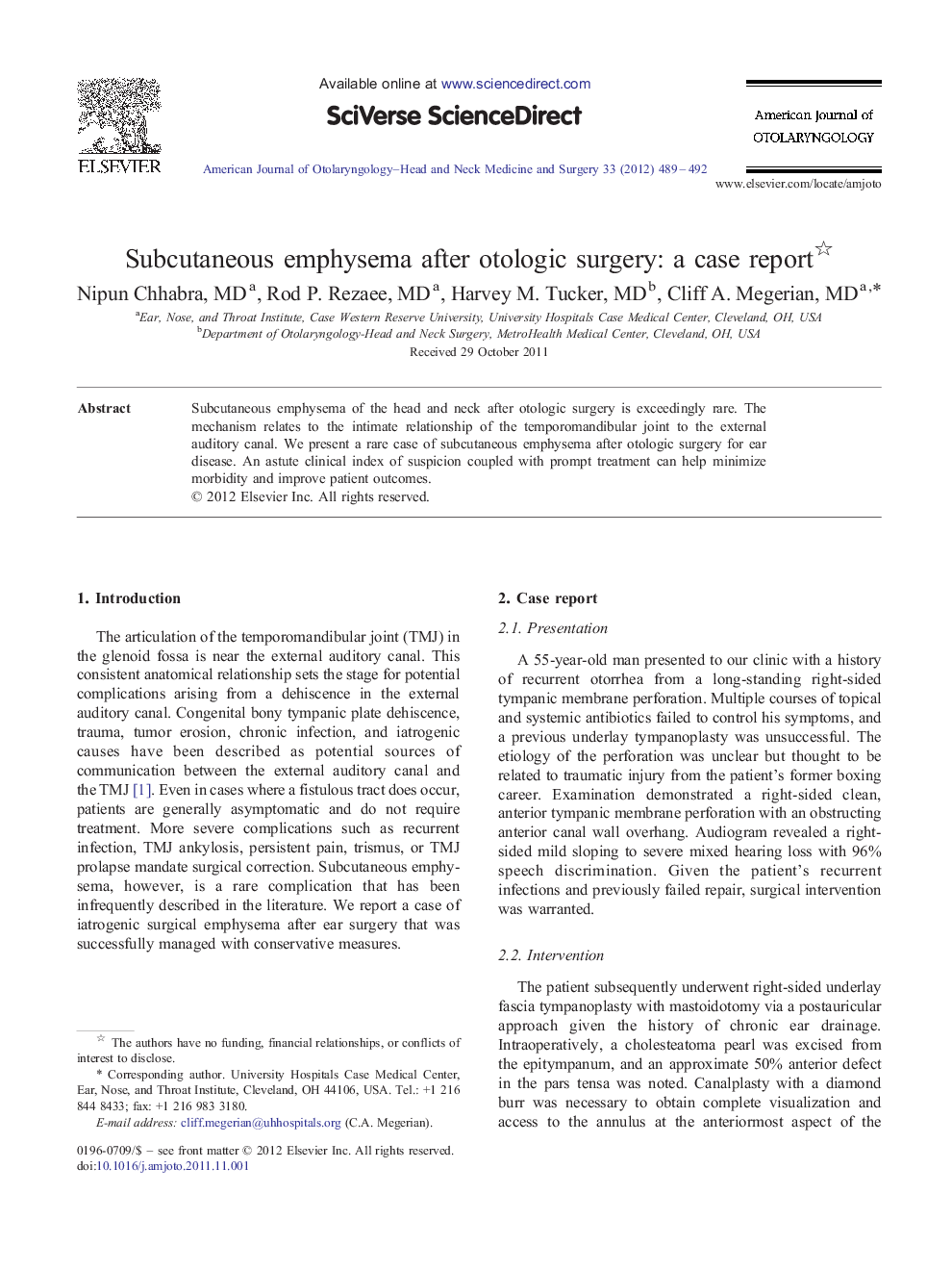 Subcutaneous emphysema after otologic surgery: a case report 