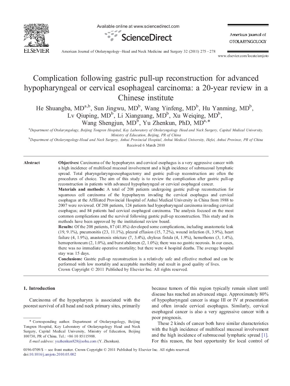 Complication following gastric pull-up reconstruction for advanced hypopharyngeal or cervical esophageal carcinoma: a 20-year review in a Chinese institute