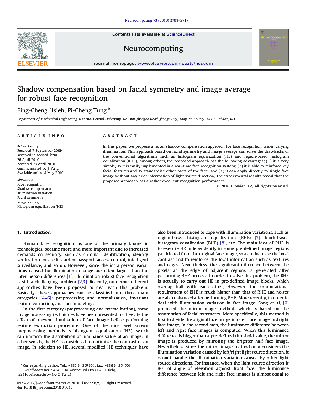 Shadow compensation based on facial symmetry and image average for robust face recognition
