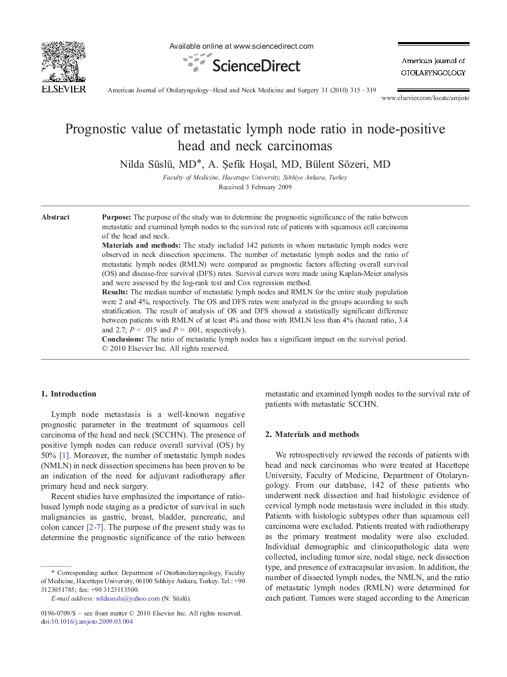 Prognostic value of metastatic lymph node ratio in node-positive head and neck carcinomas