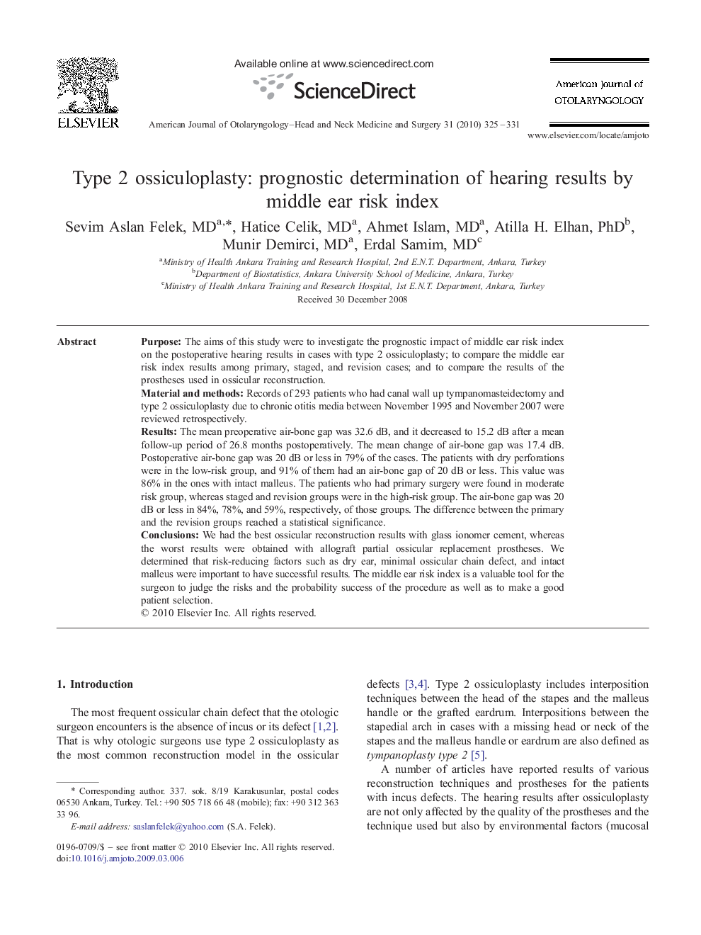 Type 2 ossiculoplasty: prognostic determination of hearing results by middle ear risk index