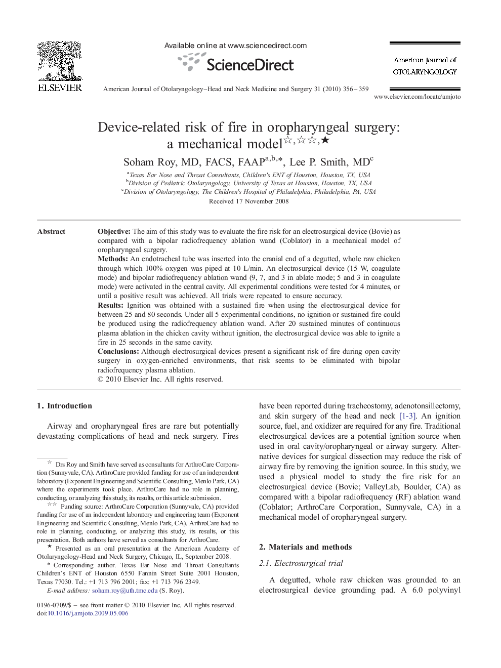 Device-related risk of fire in oropharyngeal surgery: a mechanical model ★