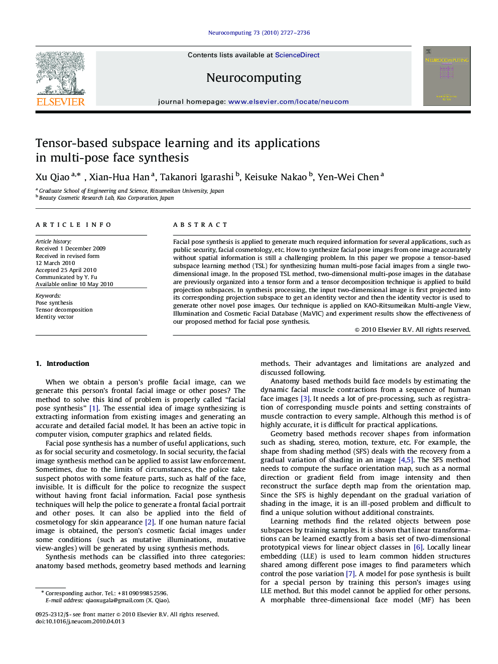 Tensor-based subspace learning and its applications in multi-pose face synthesis