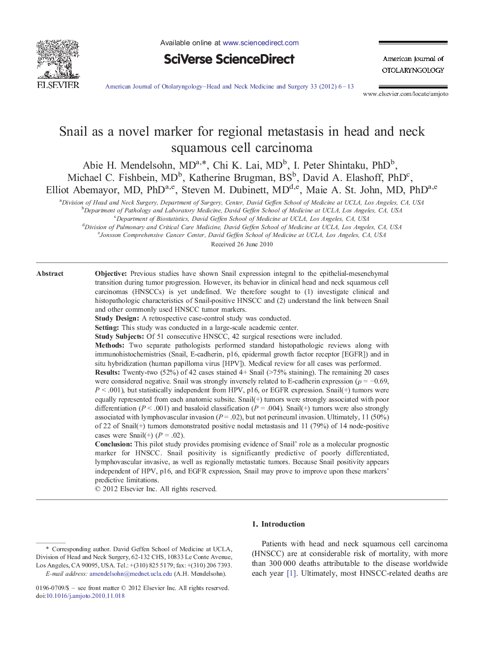 Snail as a novel marker for regional metastasis in head and neck squamous cell carcinoma