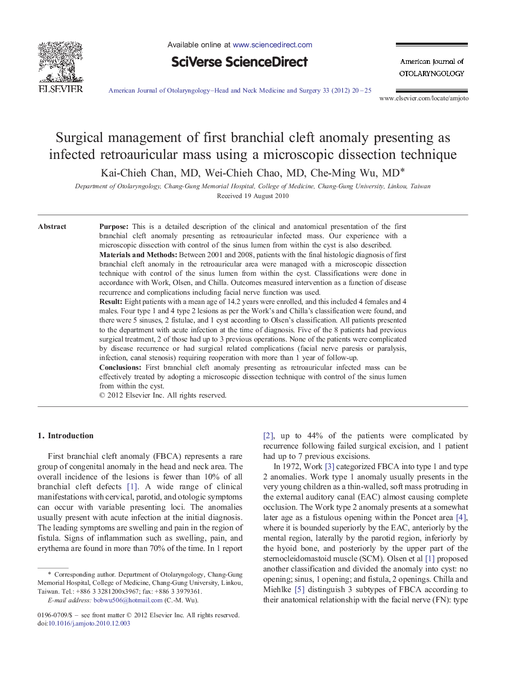 Surgical management of first branchial cleft anomaly presenting as infected retroauricular mass using a microscopic dissection technique