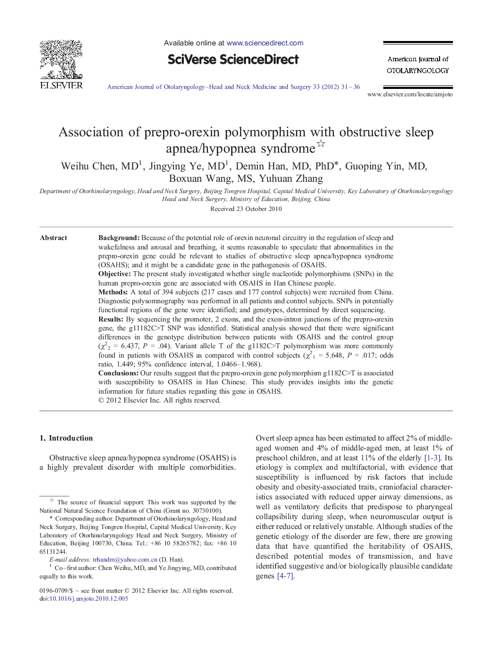 Association of prepro-orexin polymorphism with obstructive sleep apnea/hypopnea syndrome 