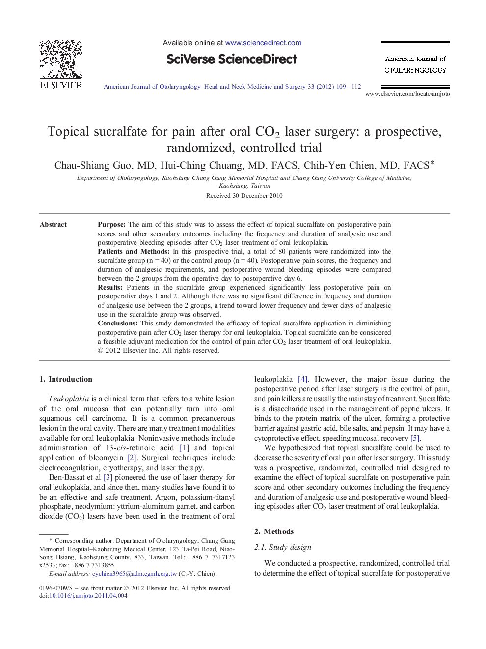 Topical sucralfate for pain after oral CO2 laser surgery: a prospective, randomized, controlled trial