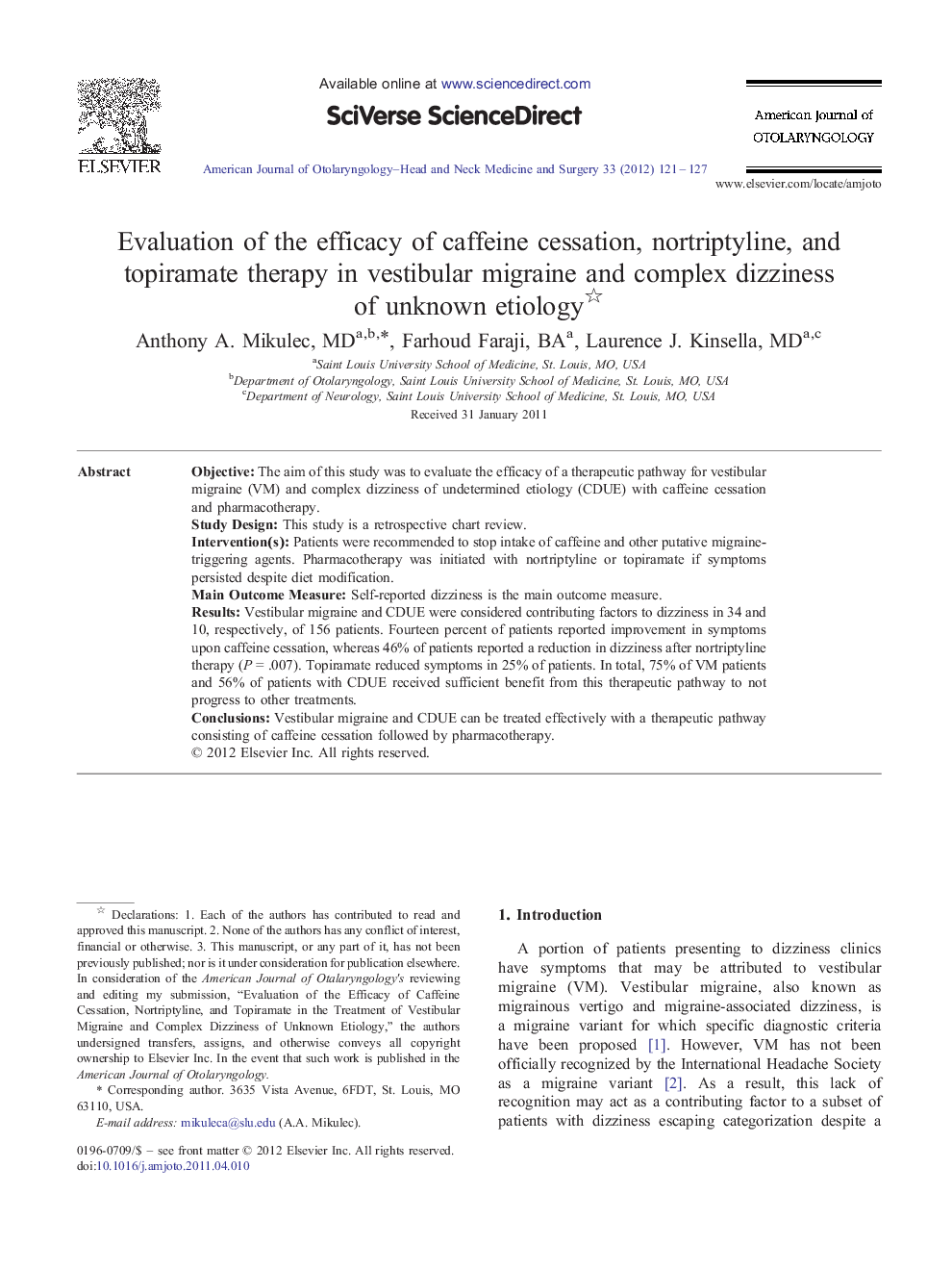 Evaluation of the efficacy of caffeine cessation, nortriptyline, and topiramate therapy in vestibular migraine and complex dizziness of unknown etiology 