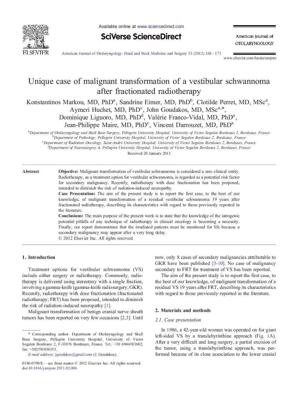 Unique case of malignant transformation of a vestibular schwannoma after fractionated radiotherapy