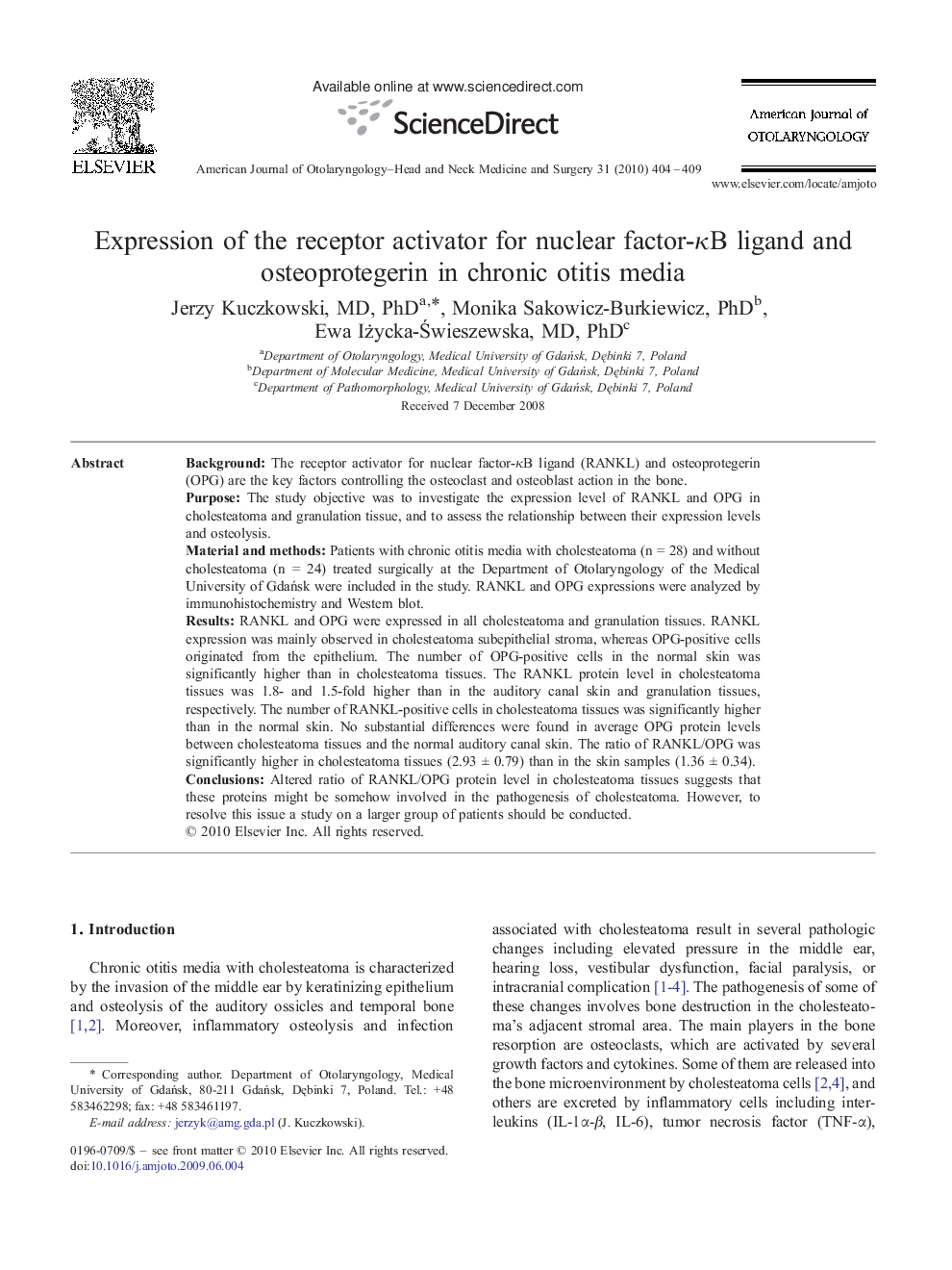 Expression of the receptor activator for nuclear factor-κB ligand and osteoprotegerin in chronic otitis media