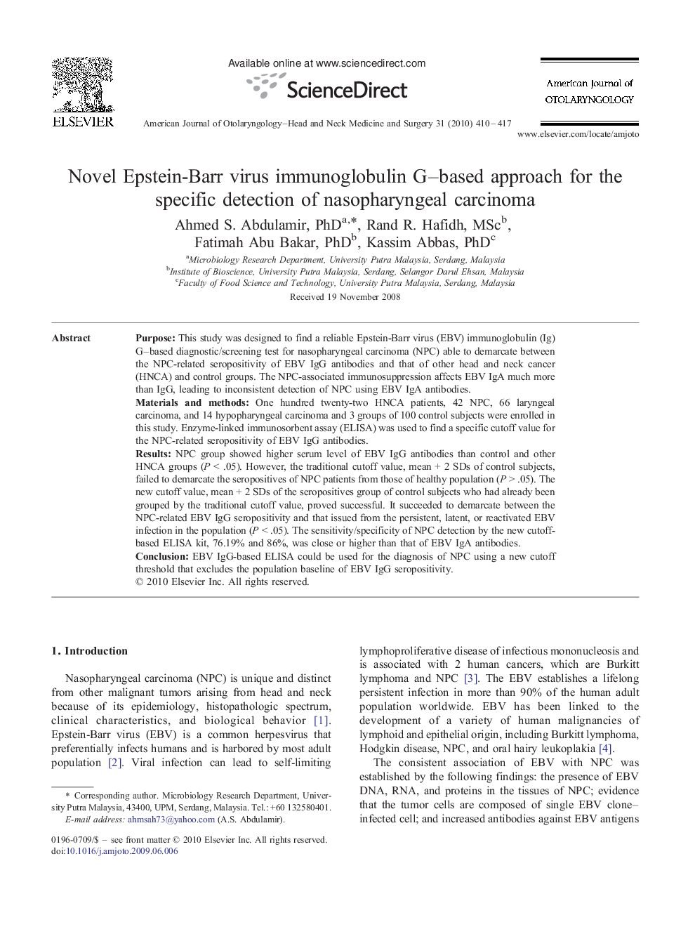 Novel Epstein-Barr virus immunoglobulin G-based approach for the specific detection of nasopharyngeal carcinoma