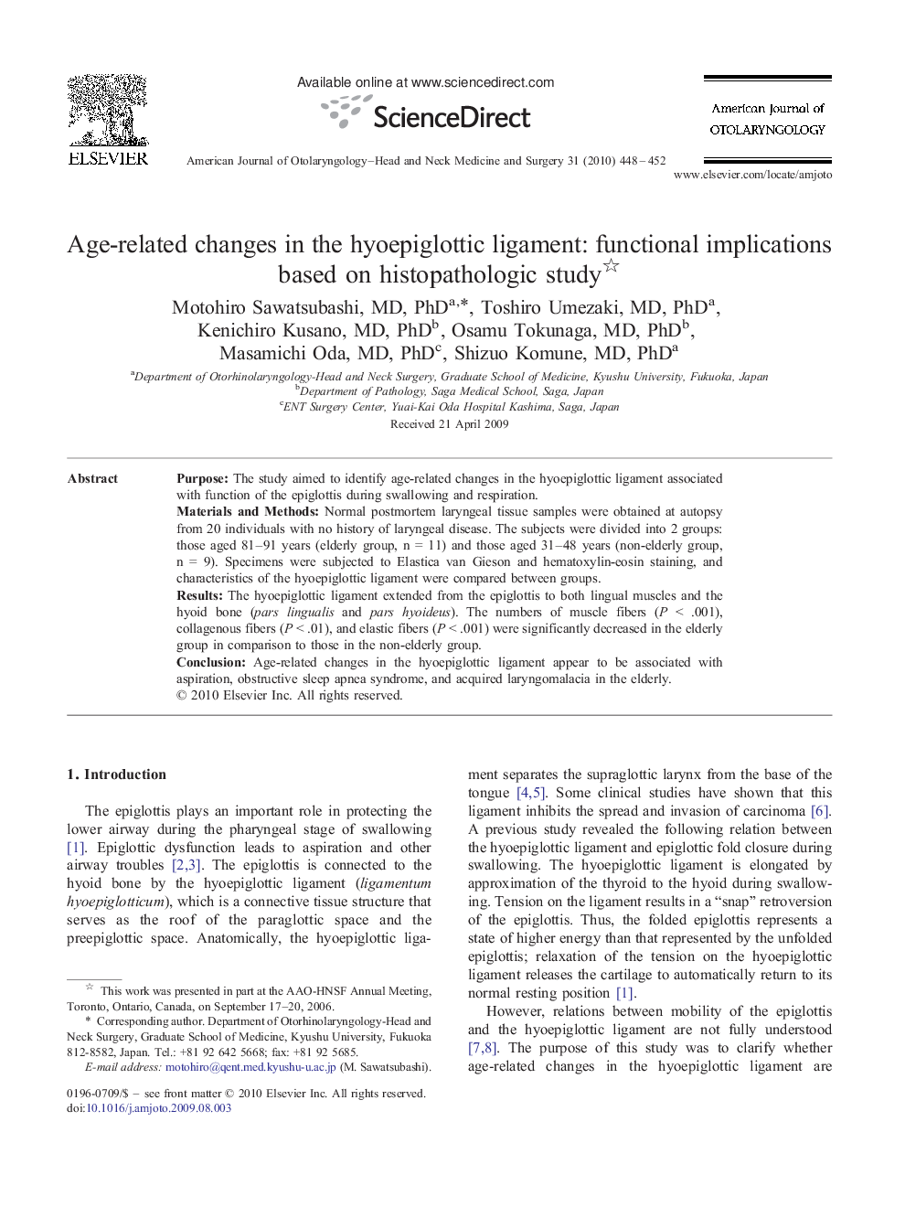 Age-related changes in the hyoepiglottic ligament: functional implications based on histopathologic study 