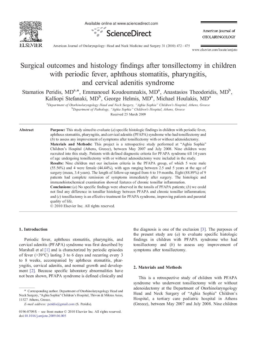 Surgical outcomes and histology findings after tonsillectomy in children with periodic fever, aphthous stomatitis, pharyngitis, and cervical adenitis syndrome