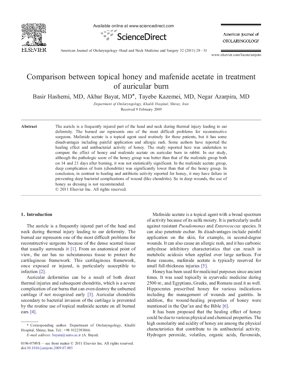 Comparison between topical honey and mafenide acetate in treatment of auricular burn